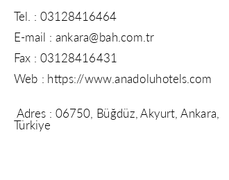 Anadolu Hotels Esenboga Thermal iletiim bilgileri